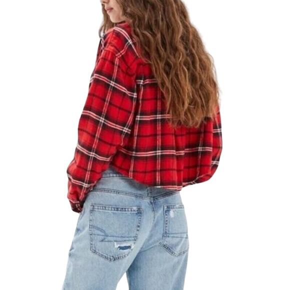 American Eagle Crop Flannel Button Down Red Plaid Top Size L - Picture 2 of 8